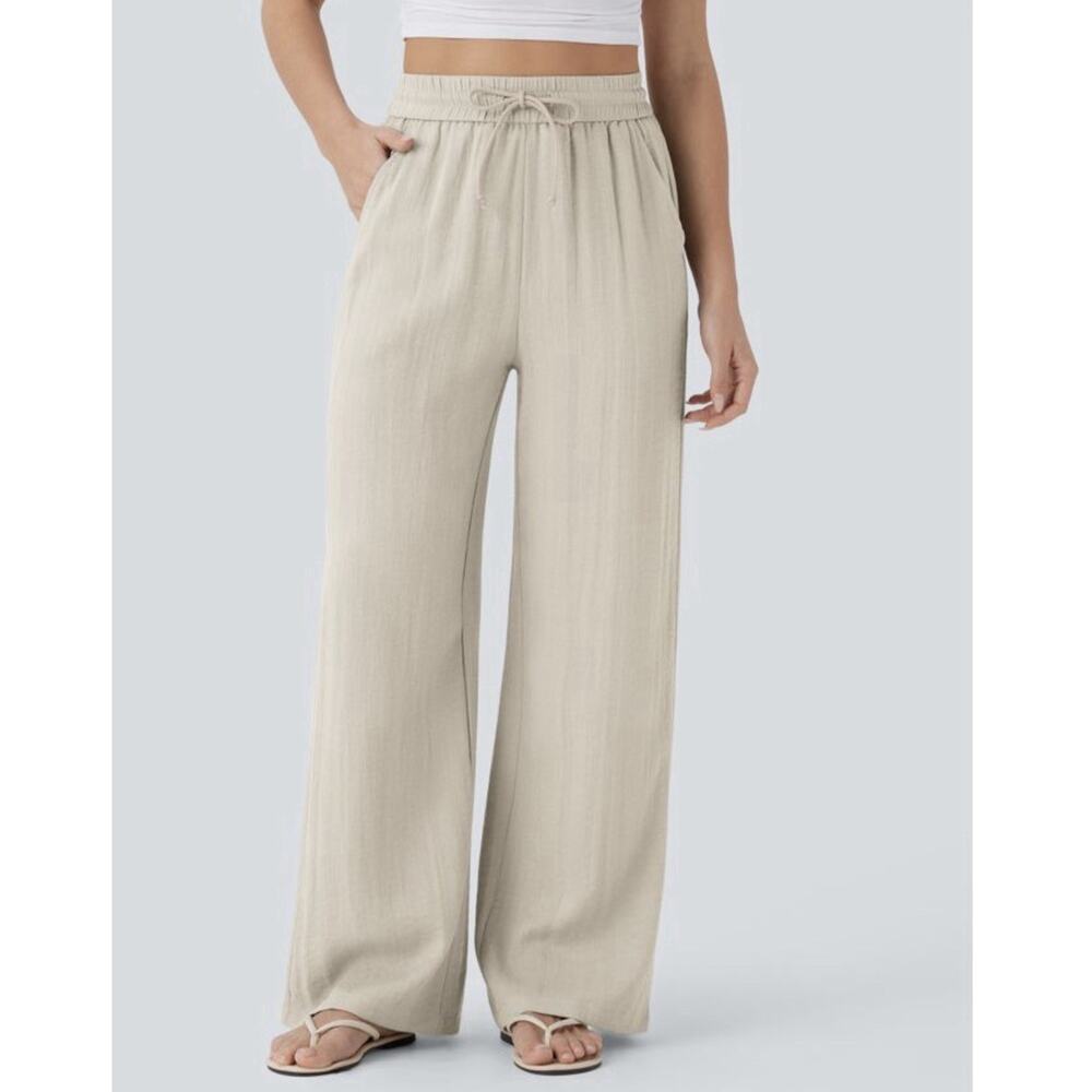 Halara Women's High-Waisted Drawstring Side Pocket Wide-Leg Linen Pants Small